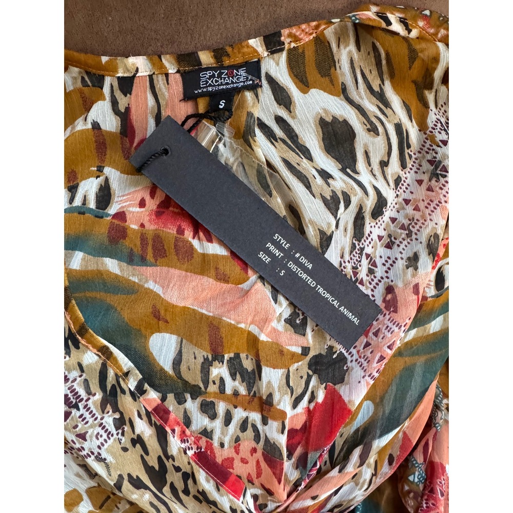 NWT Spy Zone Exchange Diva Distorted Tropical Animal Maxi Dress Wrap V-Neck Sz S - Picture 4 of 10